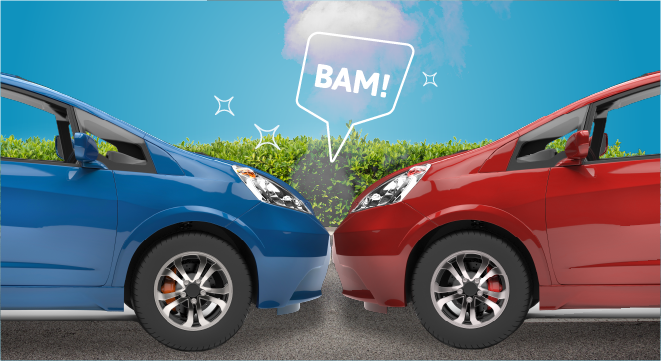 Botsing tussen rode en blauwe auto